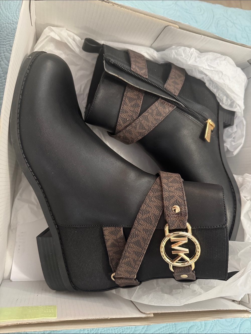Michael Kors Black Boots with Brown Logo Strap and Gold MK Hardware